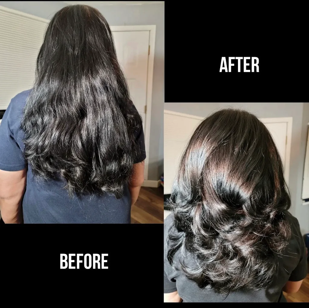 Black hair before and after glossy curled styling transformation Surrey