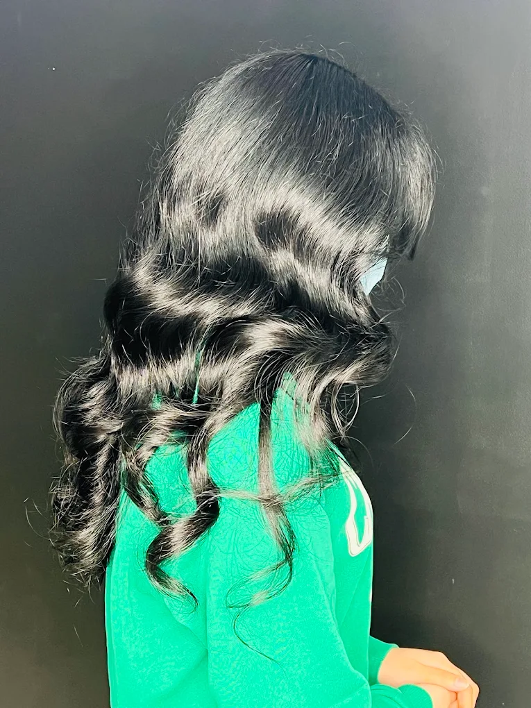 Glossy Hollywood waves on black hair styled in Surrey BC