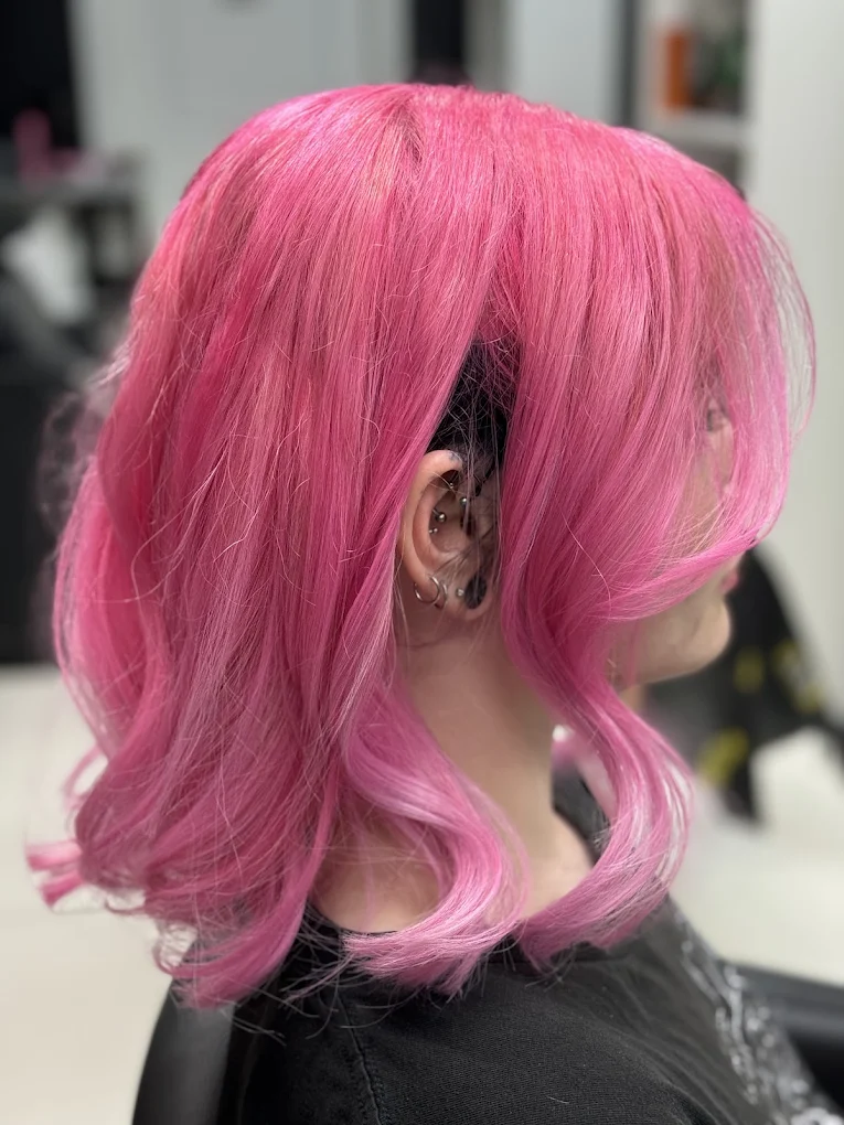 Bright pink fashion hair colour on a styled bob in Surrey BC