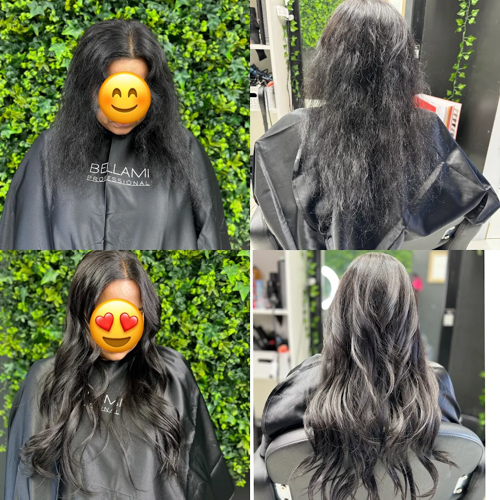 Textured hair before and smooth finished transformation at Surrey women salon