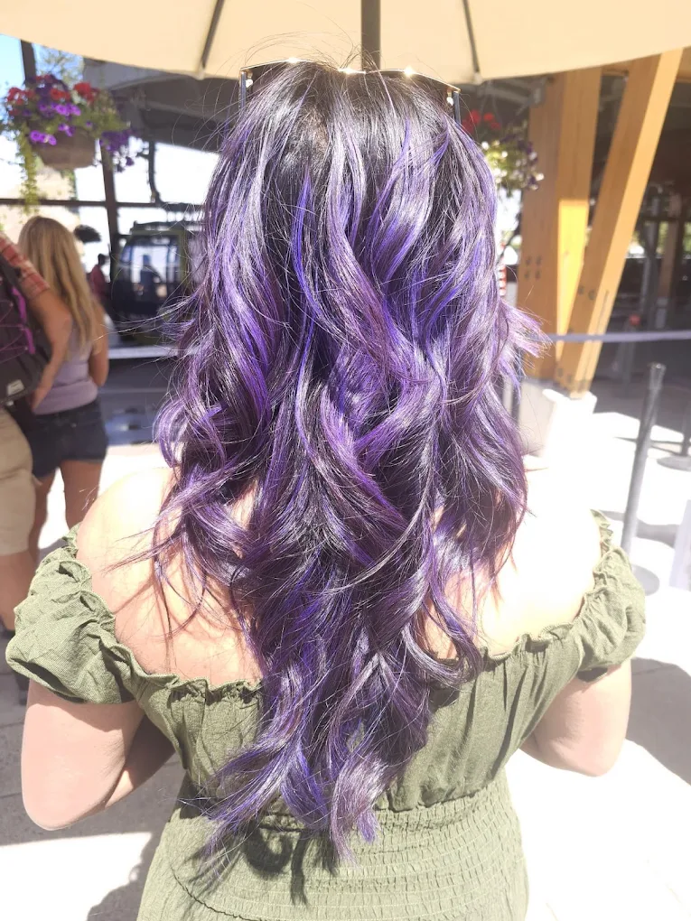 Dimensional violet purple fashion hair colour and waves in Surrey BC